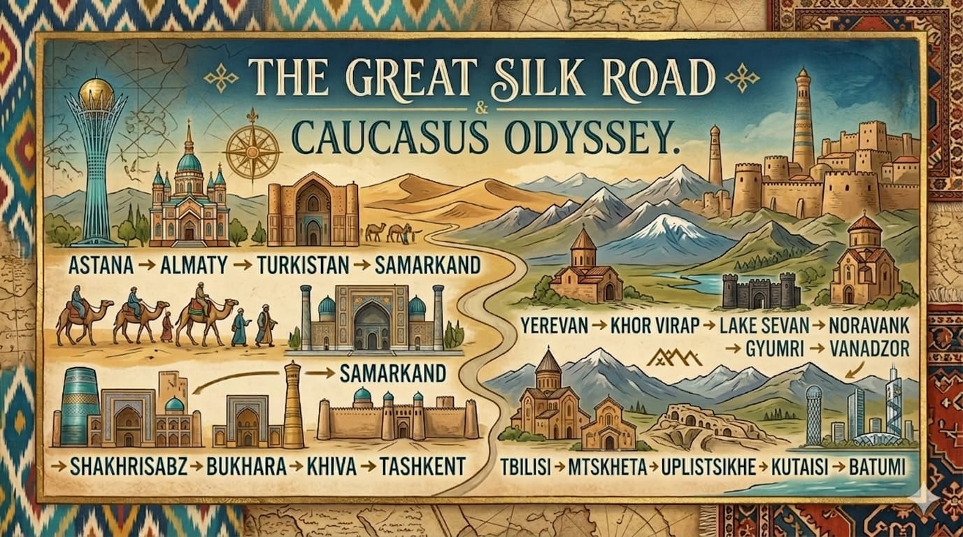 Silk Route Journey Map detailing travel through Astana