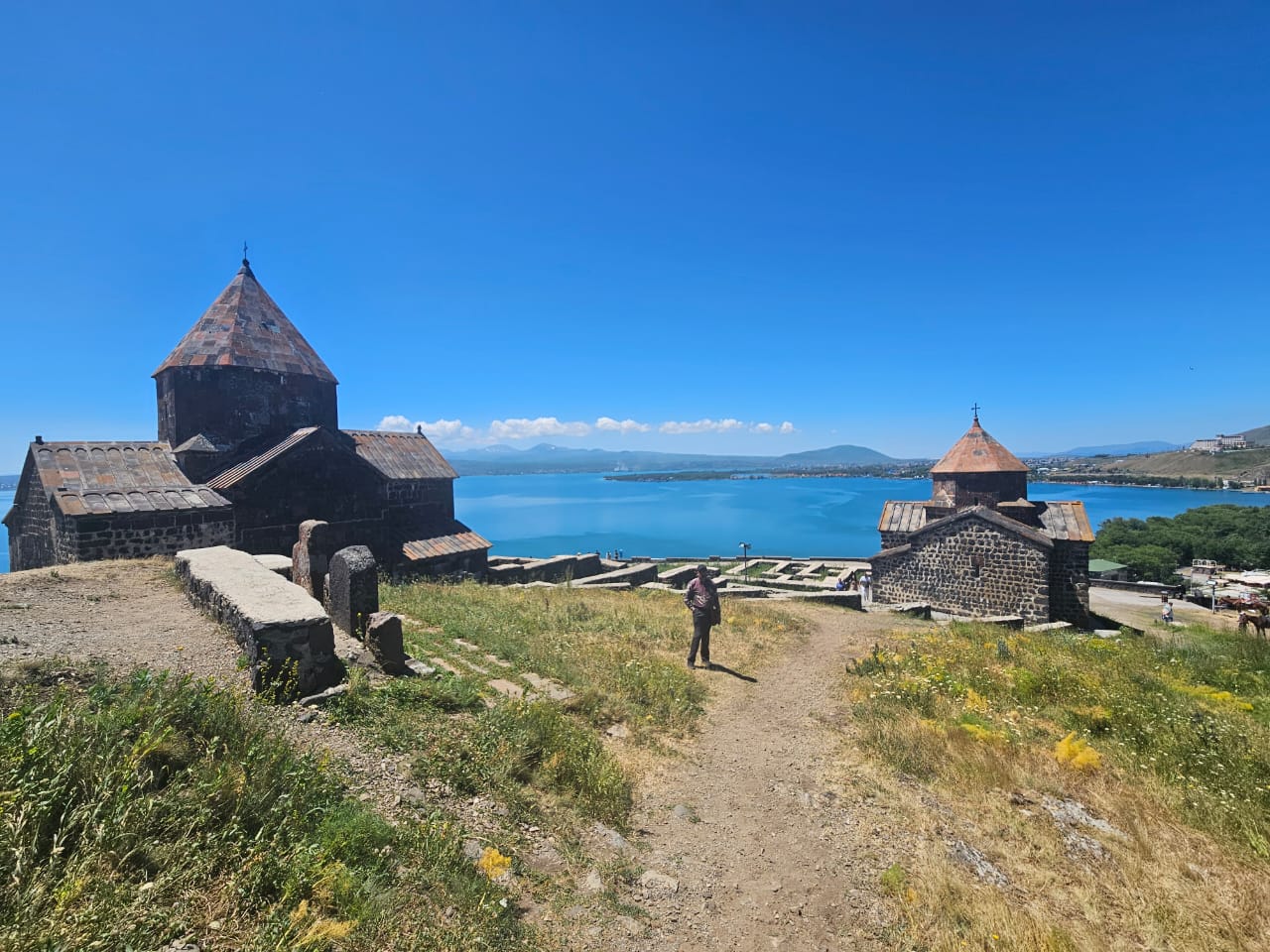 Lake Sevan and Sevanavank Monastery seen from a high viewpoint