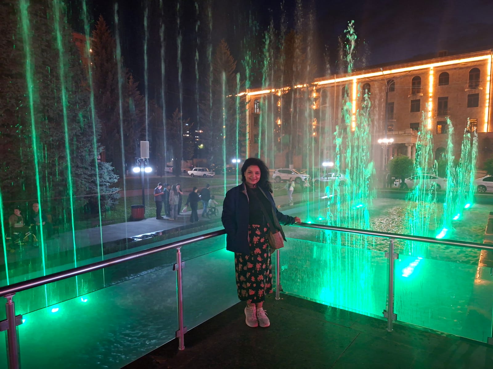 City lights illuminating the central square of Vanadzor at twilight