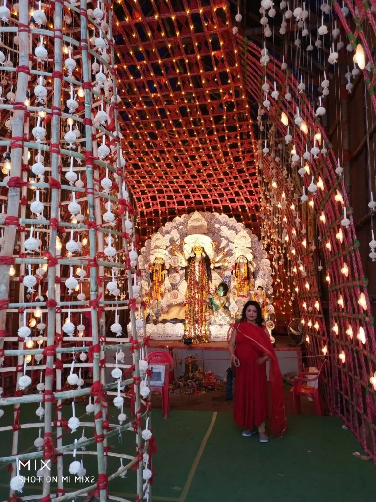 Art from Everyday Objects Bamboo Tunnel with Lights Durga Puja Pandal Kolkata