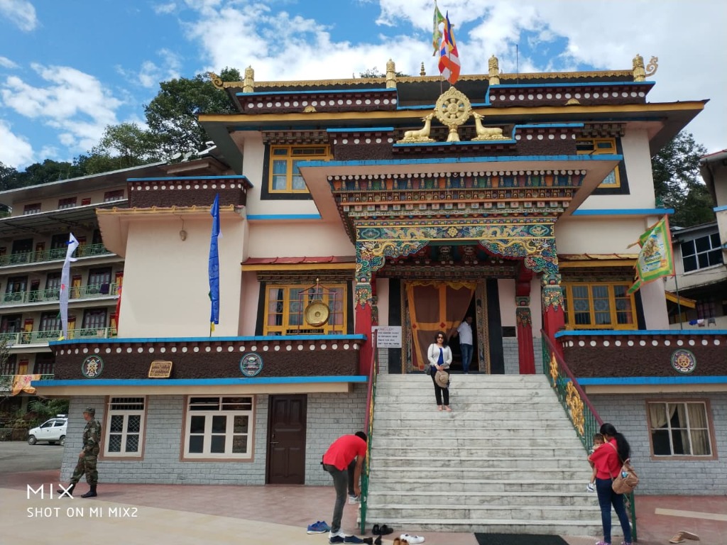 Exterior facade and grand entrance steps of Gonjang Monastery in Gangtok