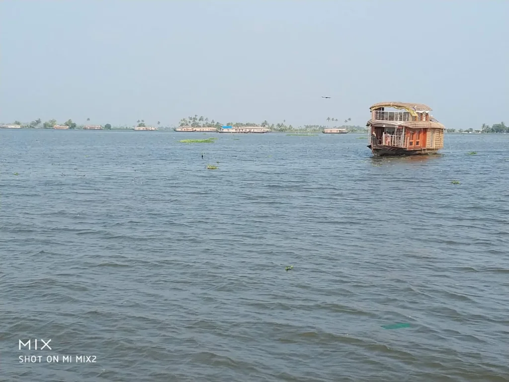 Wide view of backwaters with a houseboat drifting along the Alleppey to Kollam route