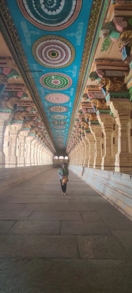 World-famous long pillar corridor of Ramanathaswamy Temple with blue painted ceiling
