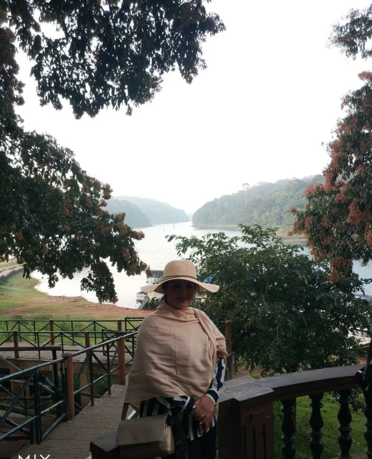 View of Periyar Lake, misty hills and dense forest shores during boat safari