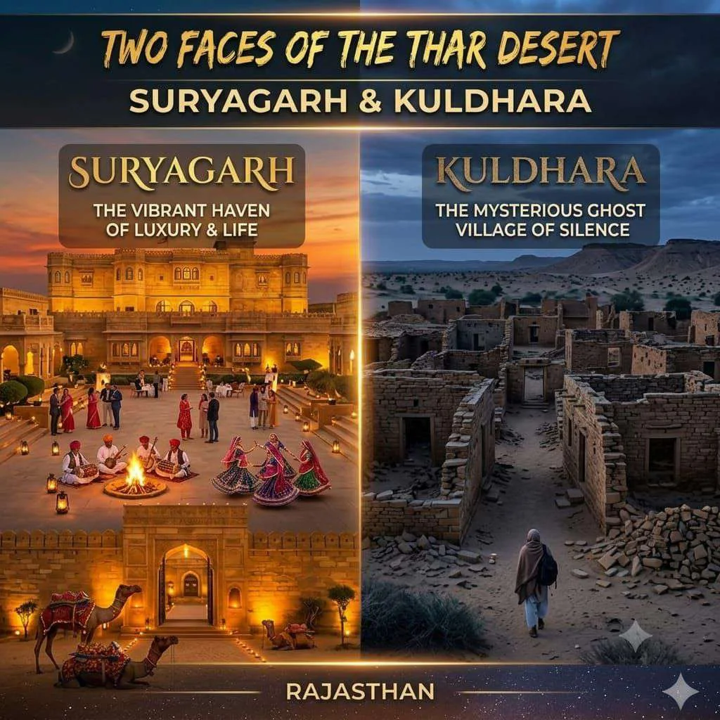 Panoramic split banner showing the illuminated golden fortress of Suryagarh alongside the sandstone ruins of Kuldhara in Rajasthan