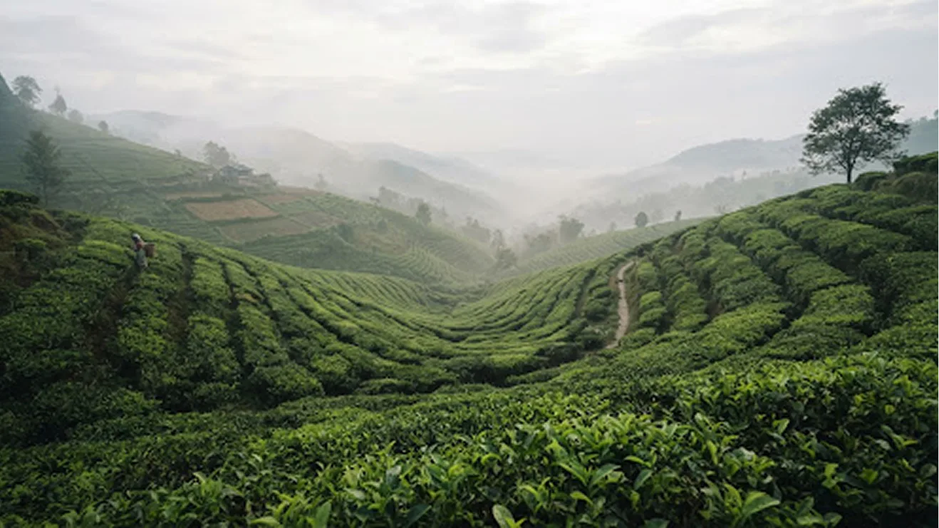 Morning mist drifting above tea estates in the hills of East India
